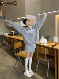 Work Dresses GkyocQ Korean Fashion Two Piece Sets Lace Spliced Bow O Neck Long Sleeve Loose Sweatshirt High Waist Slim Short Skirt Suit