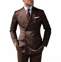 Yeni kahverengi erkekler busin elbise damat damatçı smokin düğün partisi balo gündelik resmi ocn 2 adet set ceket pantolon x5dm#