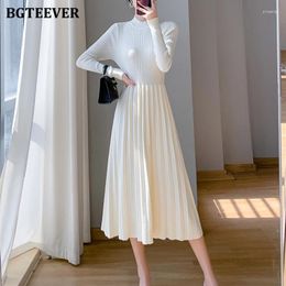 Casual Dresses BGTEEVER Stylish Long Sleeve Female Half High Collar Pleated Sweaters Dress Autumn Winter Slim Waist Women Knitted A-line