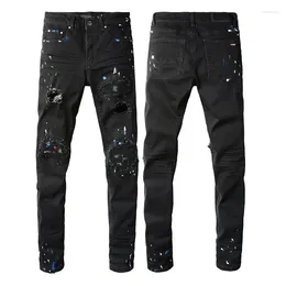 Men's Jeans AM Fashion Designer Stretch Slim Fit Patch Painted Ripped Denim Pants Korean Style High Street Vintage Casual