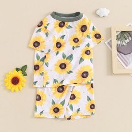 Clothing Sets Summer Toddler Girl Sunflower Print Outfit Short Sleeve T-shirt Top Casual Shorts Trendy Baby Set