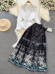 Work Dresses Fashionable Set Chinese Retro Long Sleeve V-Neck Tie Up Aacetic Acid Shirt Two-Piece High Waisted Horse Face Skirt Outfits