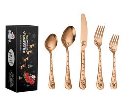 5pcset Christmas Flatware Set Gift Box Xmas Santa Forks Knives Party Dining Coffee Tea Mixing Stir Spoons Dessert Serving Cutlery 6398455