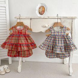 Clothing Sets Korean Summer Baby Set Sleeveless Plaid Tops And Bloomer 2 PCS Girls Suit Fashion Toddler Tee 0-3Y