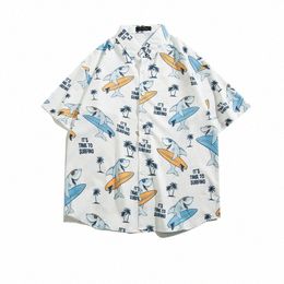 new Hawaiian Ice Silk Short Sleeve Shirt Korean Editi Fi Men Shop Travel High Quality Loose Collar Beach Fr Shirt B4Xe#