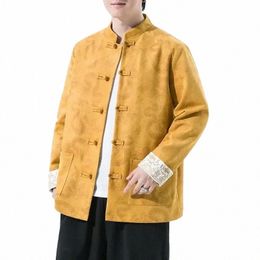 autumn and Winter Chinese Style Men's Fi Suede Jacquard Drag Tang Suit Hanfu Large Loose Jacket Coat Men's 84UV#