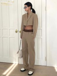 Women's Two Piece Pants Clacive Fashion Slim Khaki 2 Sets Women Outfit Elegant Long Sleeve Crop Shirt With Mid Waist Straight Set Female