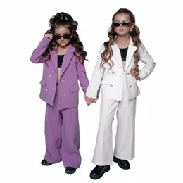 chic Baby Girl Clothes 2 Piece Fi Notch Lapel Double Breasted Child Sets Casual Party Wedding Suit for Girls Blazer+Pants O7B0#