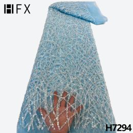 Fabric HFX African Lace Fabric 2022 High Quality French Mesh beads Lace Fabric Sequins Nigerian Lace Fabrics For Wedding dress H7294