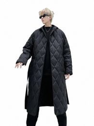 harajuku Men Winter Loose Fit Lg Parkas Windbreaker Trench Coat Vintage Belted Overcoat Casual Streetwear Oversized Parka D3VL#