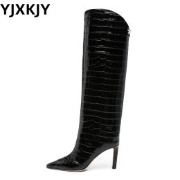 Boots YJXKJY 2023 Autumn/Winter Crocodile stone pattern Women's European American Pointed Knee Drive Shoe Thin High Heel Knight Boots