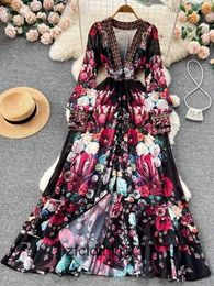 Basic Casual Dresses Fashion Runway Gorgeous Flower Chiffon Cascading Ruffles Dress Women Deep V Neck Long Sleeve Floral Print weeding Boho Robe Vestido 74CE