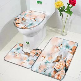 Bath Mats Pink Rose Mat Set Butterfly Spring Nature Flowers Plants Rustic Modern Bathroom Decor Carpet Non-Slip Rug Toilet Lid Cover