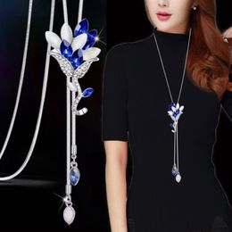 BYSPT Zircon Long Necklace Sweater Chain Fashion Fine Metal Chain Crystal Rhinestone Flower Pendant Necklaces Adjusted264Z