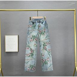 Women's Jeans Mopping Floor Drilling Floral Long Denim Trousers 2024 Spring Loose Print Wide Leg Pants Streetwear Cotton Elastic