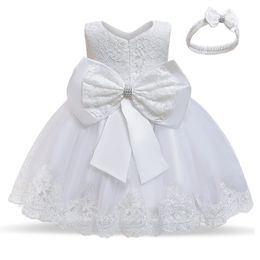 12 Month Cute Baby Lace Floral Big Bow Princess Dress Infant 1st Birthday Party Ball Gown bron Kid White Baptism Tutu Costume 240322