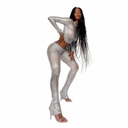 autumn Sier Sexy Bodyc Hollow Out Pant Sets Diamd Mesh Club Lg Sleeve Party Two Pieces Evening Club Pan Suit for Women Z3rX#