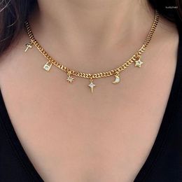 Pendant Necklaces Cuban Choker Necklace Gold Color Star Moon Key Zircon Women Punk Fashion Party Jewelry Accessories Drop