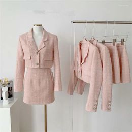 Work Dresses High Quality Spring Tweed Suits Elegant Lapel Crop Jacket Waisted Mini Skirt Two Piece Set Women Party Outfits Q940