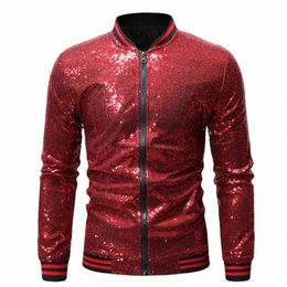 men Sequin Jacket Stand Collar Shiny Lg Sleeves Slim Fit Zipper Closure Cardigan Mid Length Stage Show Dance Performance Coat c6mp#