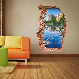 Stickers Breaken 3D Colourful Wall stickers Pond Home Decor Living Room Mountain Landscape Background Broken Hole Door Sticker