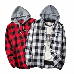 fi Plaid Hooded Denim Shirt Slim Fit Men Dr Shirts Cheque Plaid Lg Sleeve Men's Casual Shirt Bussin Social Chemise 34kv#