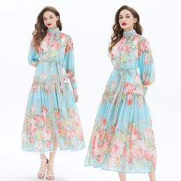 Elegant Maxi Flower Cocktail Dress Women Long Sleeve Printed Button Cardigan Shirts Designer Beach Resort Dresses A-line Ladies Casual Party Boho Swing Frocks 2024