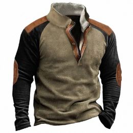 vintage Waffed Patchwork Outdoor Hooded Mens Hoodies Sweatshirts New Autumn Winter Man Casual Stand Collar Butted Pullover Top b6Bk#