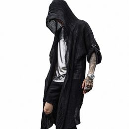 nightclub DJ singer punk rock hip hop lg shirt black hooded cloak cardigan men linen oversize blouse gothic vintage streetwear P6H2#