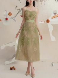 Green Tulle Long Dress Pleated Beaded Crystal Decorated Sweetheart Neck Summer Dresses for Women 2023 Eveng Dress