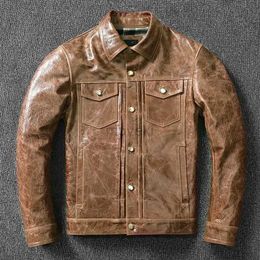 Men's Leather Faux Leather High-end Fashion Korean Slim Leather Jacket Mens Denim Leather Jacket Pure Head Layer Cowhide Oil Wax Retro Style Trend Coat 240330