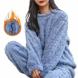 2023 Fleece Women Pyjamas Set Winter Sleepwear Solid Veet 2 Piece Pant Home Suit Fluffy Casual Piiama Warm O-neck Night Wear 70Jt#