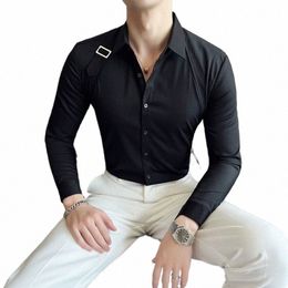 2023 Strap Decorati Shirts for Men Lg Sleeve Slim Casual Shirts Busin Social Dr Shirts Streetwear Stage Singer DJ Tops 53J2#