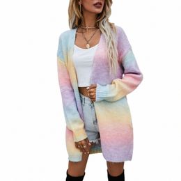 rainbow Tie-Dye Women Cardigan Spring Autumn Korean All Match Knitted Sweater Coats Colourful Lg Sleeve Gradient Knitwear 2024 a81Z#