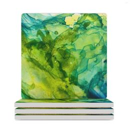 Table Mats Blue-Green Watercolor Marble Pattern Ceramic Coasters (Square) Cute Cup Set For Drinks White