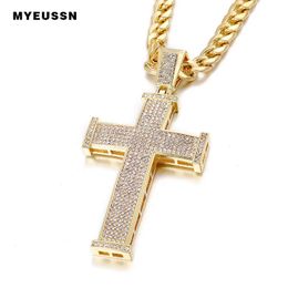 Iced Out Shining Crystal Cross Pendant Gold Colour Men Fashion Cross Necklace Chain Men Hip Hop Rapper Cubas Necklace 240315