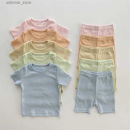 T-shirts Baby Cotton Ribbed Clothes Set Short Sleeve Tops + Shorts 2pcs Suit Candy Colour Baby Girl T Shirts Solid Boys Shorts Outfits24328