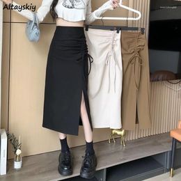 Skirts Shirring Women Slit Korean Style Fashion A-line Sweet High Waist Casual Solid All-match Ladies Ins Office Lady