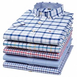 plus Size 7XL summer Short sleeve shirt 100%cott shirts for men white plaid striped social slim fit formal busin clothing K1IN#
