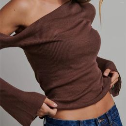Women's T Shirts Hirigin Slant Shoulder Knit Tops Irregular Solid Color Ribbed Long Sleeve Slim Cropped T-shirt Clubwear Fashion Knitwear