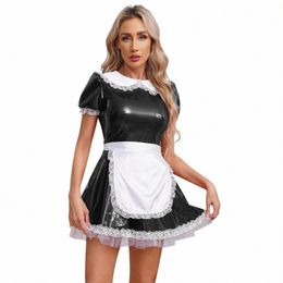 womens Wet Look Patent Leather Short Puff Sleeve Maid Dr with Apr Set Adult Halen Cosplay Party Fancy Dr Outfits W7XP#