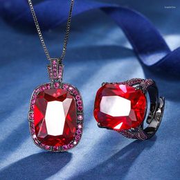 Necklace Earrings Set EYIKA Retro Red CZ Ring Square Simulated Ruby Pendant For Women Black Gold Plated Luxury Brazil Bridal Wedding Jewellery