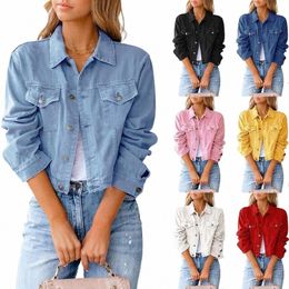 street Hipster Clothing New 5 Colours Jackets Denim Jacket Woman Fi Lg Sleeve Solid Colours Casual Slim Short Denim Coat o1KF#