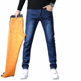 winter Thermal Warm Flannel Stretch Slim Jeans Mens New Fleece Thick Denim Pants Men Straight Flocking Trousers Male Warm Jeans 01kV#