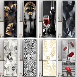 Stickers Black Gold Refrigerator Door Sticker Self Adhesive Waterproof 3D Wallpaper Fridge Door Wrap Mural Cover Home Room Kitchen Decor