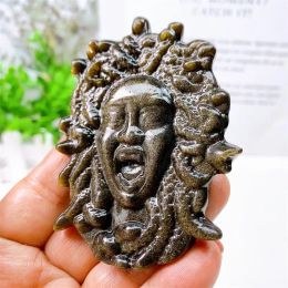 Sculptures 8cm Natural Golden Obsidian Medusa Carving Healing Energy Stone Fengshui Home Decoration Sculpture Gemstone Collection Gift 1PCS