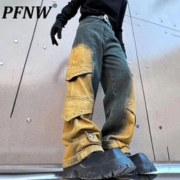 Men's Jeans PFNW Washed Denim Pants Vintage Multi Bag Cover Design Contrast Color Patchwork Male Wide Leg Trousers Stylish 9C4153