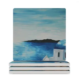 Table Mats Santorini Greece View From Oia To Caldera Ceramic Coasters (Square) Mat For Dishes Drinks Cute Kitchen Supplies