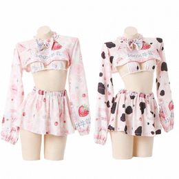 anime Maid Cosplay Halen Japanese Lolita Pink Dr Cute Cow Girl Strawberry Lg Sleeve Hollow Out Crop Top Mini Skirt Set q9XQ#