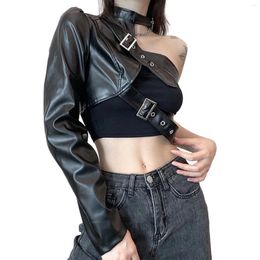 Women's T Shirts Women Punk Style Crop Tops Cool Single Long Sleeve Neck Hanger Leather Belt Connected Clothing
